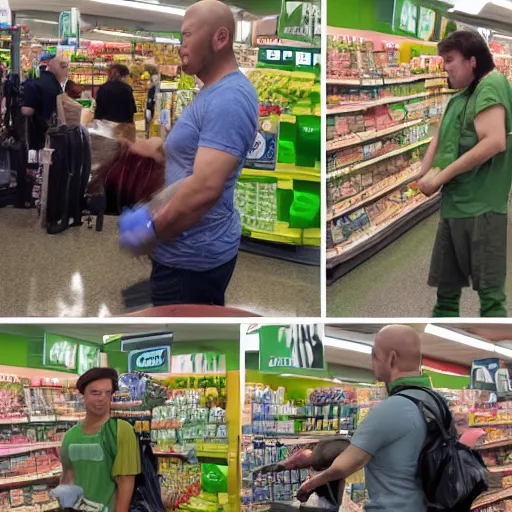 Image similar to a mix between Hulk and Yoda and Dobby and gollum buying groceries in a seven eleven, center frame medium shot, shot on technicolor cinemascope 35mm anamorphic lense, flare