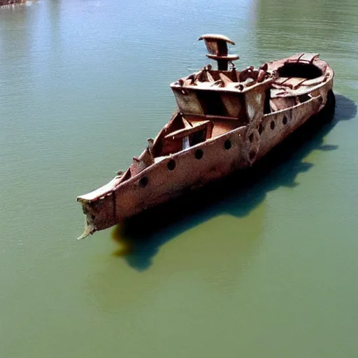 Prompt: An iron ship in a river::iron-plated::looks like a sunfish boat::photo