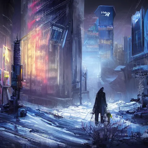 Image similar to mystic winter landscape, cyberpunk, vivid colors, post apocalyptic