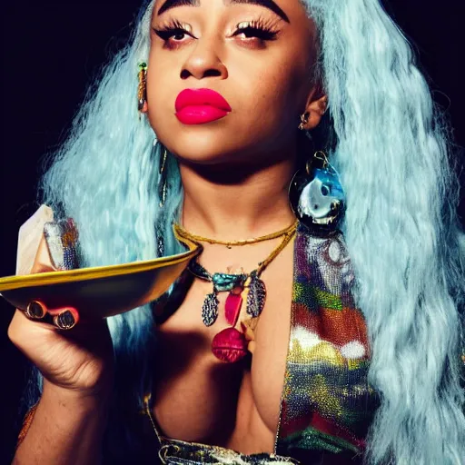 Prompt: Photo of Doja Cat holding a spoon in her hand, hyperrealistic