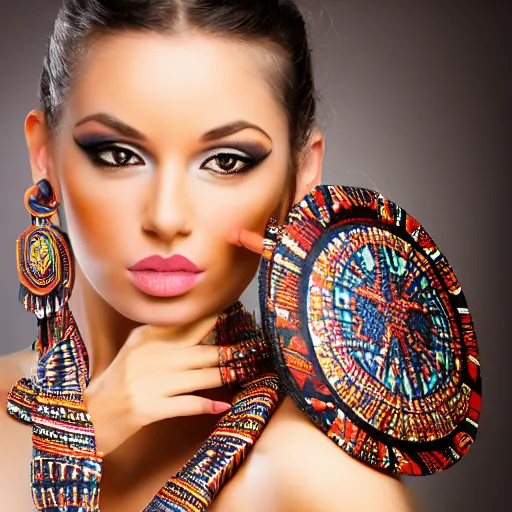 Image similar to studio photo of an aztec glamour supermodel, gorgeous professional ancient aztec female model, bokeh