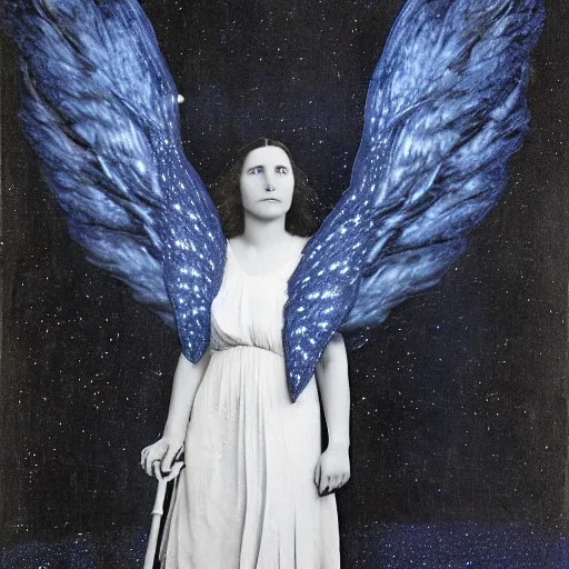 Prompt: by edward weston cosy, ominous. a digital art of a woman with wings made of stars, surrounded by a blue & white night sky. the woman is holding a staff in one hand, & a star in the other. she is wearing a billowing dress, & her hair is blowing in the wind.