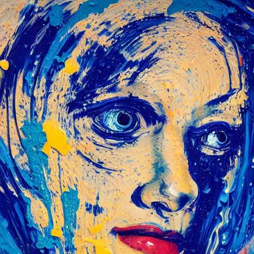 Image similar to oil paint impasto relief, portrait of woman's face, deep under water, lots blue colours, lit from above, looking up, air bubbles, multi layered thick brush marks, some splattered paint, in the style frank auerbach and magritte