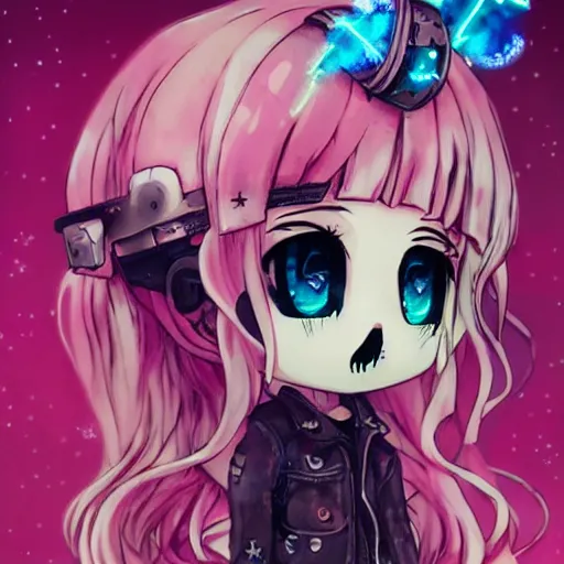 Image similar to portrait of a grungy skull anime and chibi very cute doll by super ss, cyberpunk fashion, nendoroid, kawaii, curly pink hair, night sky, looking up, swirly clouds, neon yellow stars, by wlop, james jean, victo ngai, muted colors, highly detailed