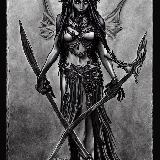 Image similar to dark elf sorceress who is summoning a demon in the style of warhammer fantasy : : head and shoulders drawing