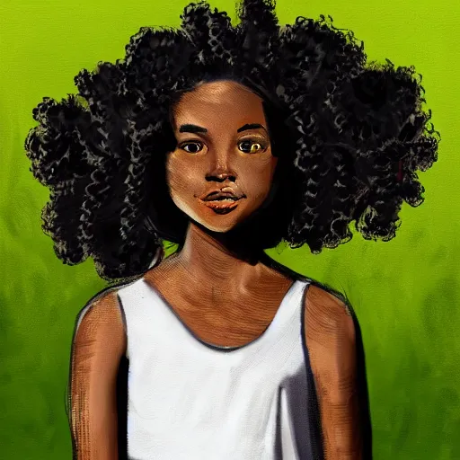 Image similar to a portrait of a black girl wearing a sundress with curly hair, digital art,trending on art station