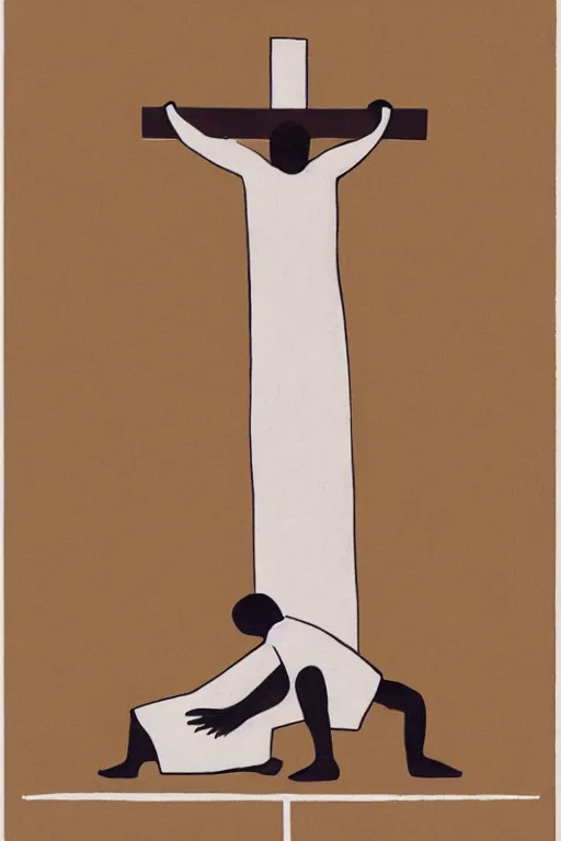 Image similar to man kneeling on the ground in front of a wooden cross, 1960’s minimalist advertising illustration, painterly, expressive brush strokes