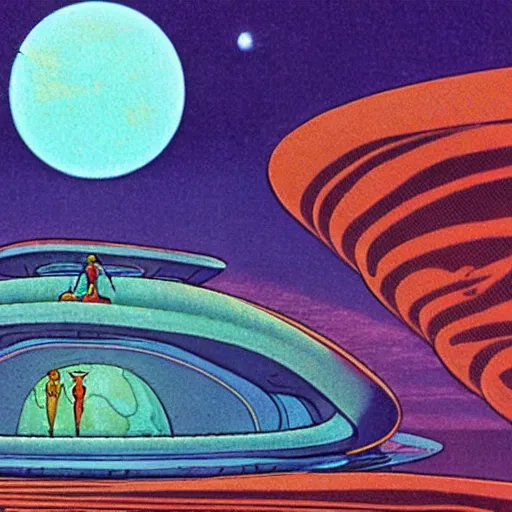 Prompt: a man on field spaceship starship landing laying outer worlds in FANTASTIC PLANET La planète sauvage animation by René Laloux