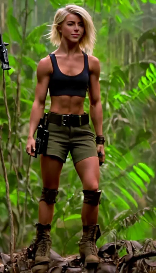 Image similar to cinematic action scene with julianne hough as a commando in the jungle, crop top, boy shorts, boots, dramatic smoke, still frame