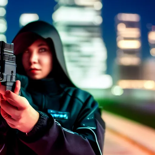 Image similar to photographic portrait of a techwear woman holding a Glock 18, closeup, on the rooftop of a futuristic city at night, sigma 85mm f/1.4, 4k, depth of field, high resolution, 4k, 8k, hd, full color