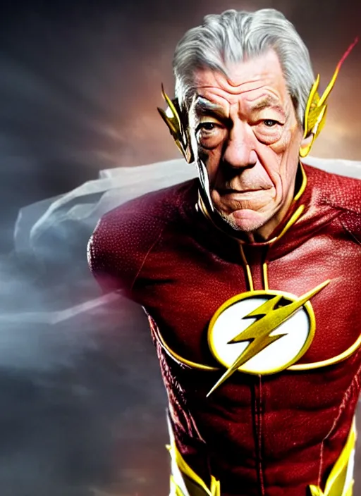 Prompt: a movie still of ian mckellen as the flash, detailed, dynamic lighting, heroic pose, 8 k hdr movie still