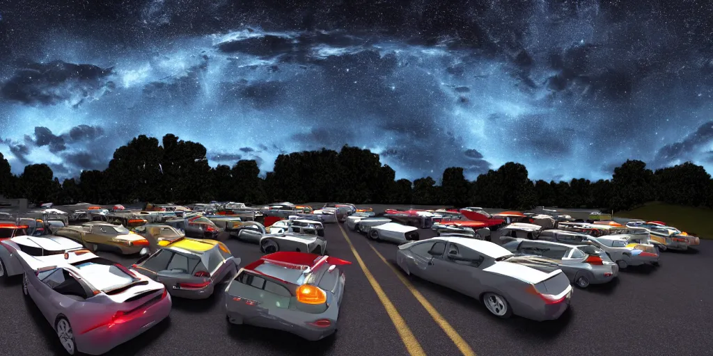 Image similar to a drive in movie theater with a line of cars, detailed, volumetric lighting, starry night, dusk