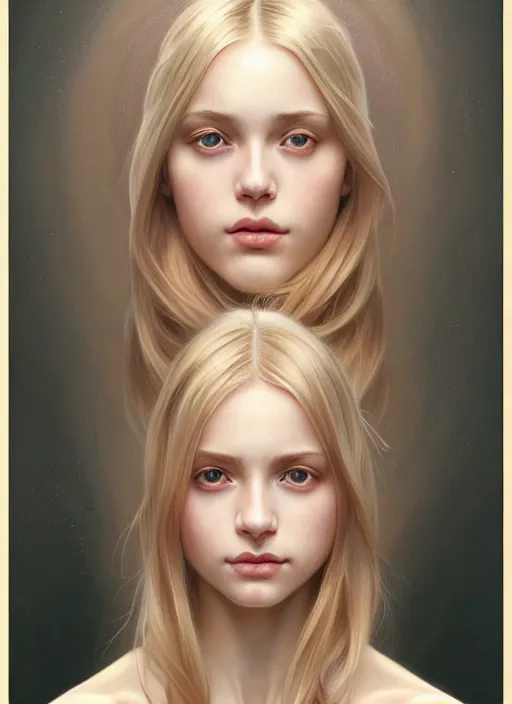 Image similar to beautiful symmetrical face, portrait of young woman blessed with ever - increasing physical and mental perfection, realism, blonde hair, perfect face!! intricate, elegant, highly detailed, vision of holy perfection!! digital painting, artstation, concept art, smooth, sharp focus, illustration, humanity, art by artgerm and greg rutkowski and alphonse mucha