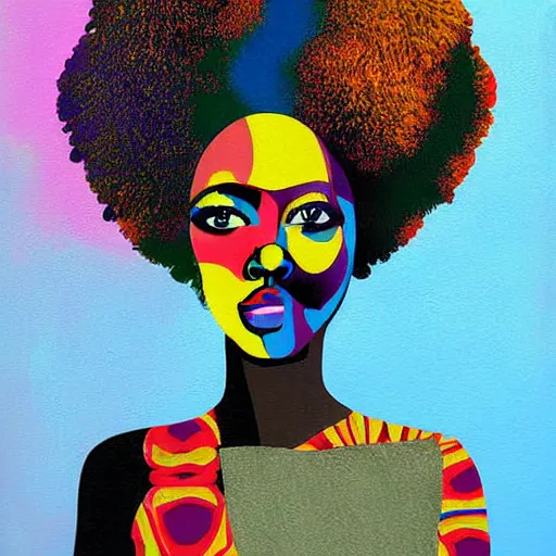 Image similar to the abstract painting of an image of afro lady artistic flat illustration by larry klewchuk, surrealism