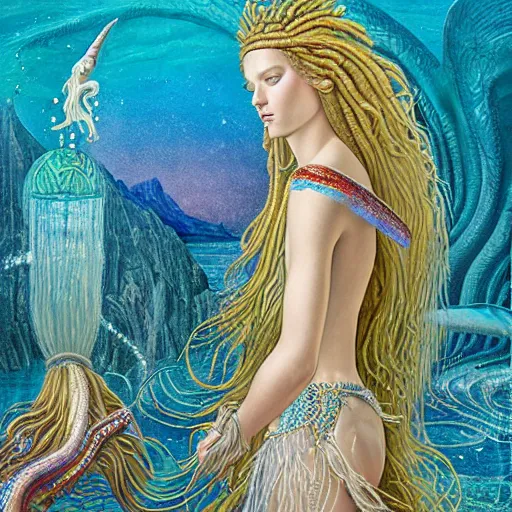 Image similar to intricate detail, gilbert williams and sandro botticelli portrait of tan sumerian mermaid goddess atargatis, with aqua neon rapunzel dreadlocks adorned in seashells, near crystal temple in atlantis, iridescent dolphins swimming in the sea, unicorn flying in the sky, paleozoic atlantis