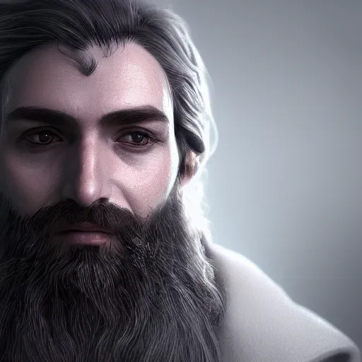 Image similar to a highly detailed portrait of a man without a beard, purple eyes, light gray long hair, wearing a black cloak, artstation, DeviantArt, professional, octane render