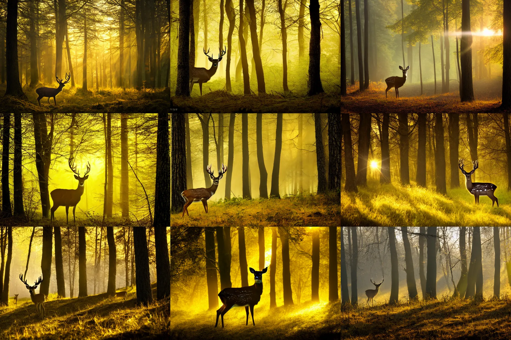 Prompt: deer portrait, glowing yellow eyes, landscape, misty forest scene, sun through the trees