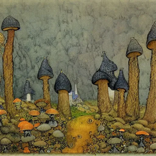 Image similar to a fairytale landscape with mushroom houses, in the style of John Bauer,