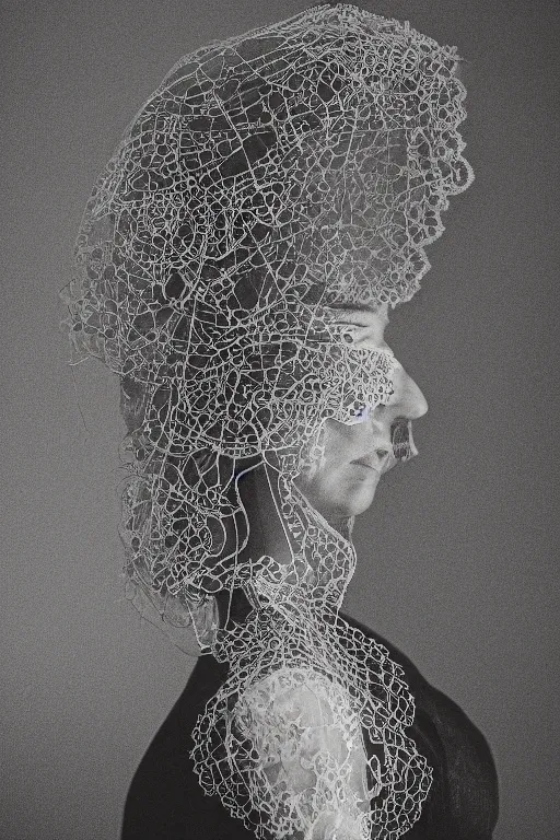 Image similar to a woman's face in profile, made of intricate decorative lace skeleton, in the style of the dutch masters and gregory crewdson, dark and moody
