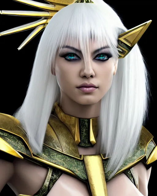 Image similar to perfect white haired attractive egyptian goddess with green eyes, warframe armor, pharaoh headdress, beautiful, symmetric, dreamy, half asian, pretty face, charlize theron, detailed, scifi platform, laboratory, experiment, 4 k, ultra realistic, epic lighting, android body, illuminated, cinematic, masterpiece, art by akihito tsukushi, voidstar