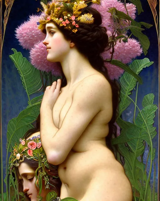 Image similar to goddess of nature, unusual beauty, fauna, flowers, plants, emotionally evoking symbolic metaphors, head in focus, fantasy, ornamental, intricate, elegant, sensual, highly detailed digital painting, artstation, concept art, painterly, golden ratio, sharp focus, illustration, art by John William Godward and Alphonse Mucha and Boris Vallejo and Arcimboldo and Zdzisław Beksiński,