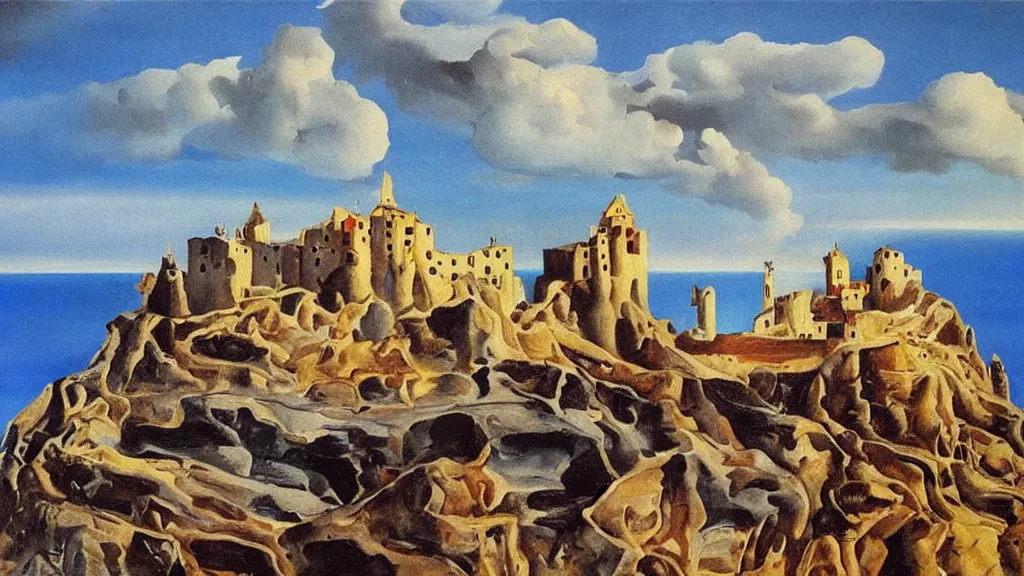 Image similar to High-Quality surrealist painting of Castell de Sant Ferran, peaceful, very detailed, oil painting by Salvador Dalí.