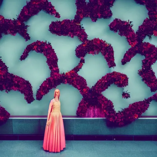 Image similar to giant flower head, frontal, girl standing in mid century hotel, surreal, symmetry, bright colors, cinematic, wes anderson