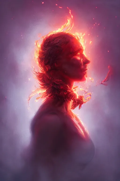 Prompt: a head and shoulder portrait of a goddess women engulfed in deep coloured flames by Greg Rutkowski, Sung Choi, Mitchell Mohrhauser, Maciej Kuciara, Johnson Ting, Maxim Verehin, Peter Konig, Bloodborne , 8k photorealistic, cinematic lighting, HD, high details, atmospheric , trending on artstation