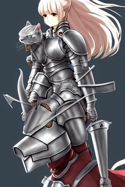 Image similar to a full body of the female knight riding a heavy armored giant cat, finely detailed features, closeup at the faces, perfect art, gapmoe yandere grimdark, trending on pixiv fanbox, painted by studio ghibli, akihiko yoshida