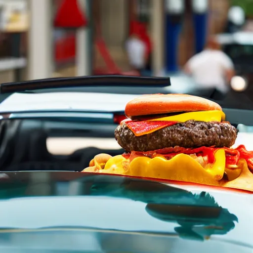 Image similar to a cheeseburger car automobile with burger wheels and melted cheese over the windshield, highly detailed stage photography of food