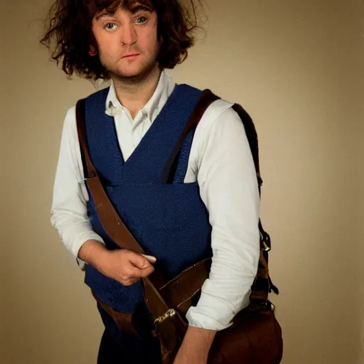 Image similar to close up headshot of a frowning clean shaven pudgy British lad with short curly dark brown hair as a hobbit wearing a white men's crossbody sling chest bag and blue vest, blue vest!! white crossbody chestbag!! high resolution film still, by Sarah Moon