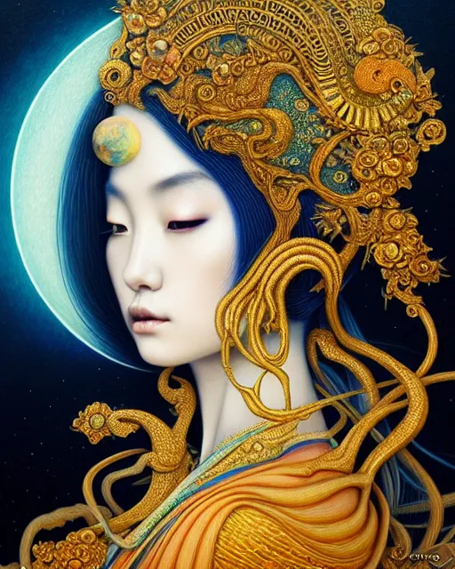 Image similar to portrait of a beautiful moon goddess, unusual beauty, esoteric, outher worldly colours, head in focus, fantasy art, ornamental aesthetics,, intricate, elegant, highly detailed, hyperrealistic painting, artstation, concept art, painterly, golden ratio, sharp focus, illustration, art by chie yoshii