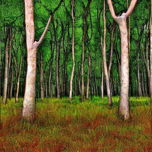 Prompt: forest of trees without bark, trunks are green, like stems, digital art