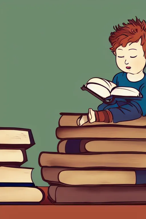 Prompt: a little boy with ginger hair sits cross legged on top of a tall pile of books. he is reading. clean elegant pretty cartoon painting, beautiful detailed face, storybook illustration.