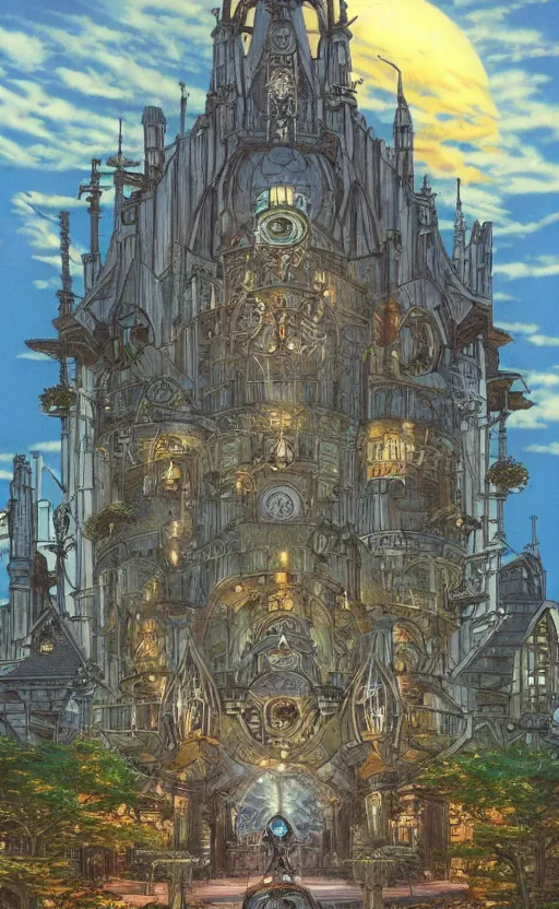 Prompt: Studio Ghibli steampunk cathedral at dusk by Hayao Miyazaki, Michael Whelan, and Thomas Kincade