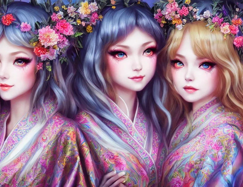 Image similar to two beautiful fashion siberian girls wear fantasy kimono in festival | | big eyes, sunny, dreamlike art, realistic shaded, smile, good looking, hyper details, 4 k realistic, cryengine, realistic shaded lighting poster by artgerm, ross tran, fuji choko, loish, 8 k resolution, trending on artstation, luxury