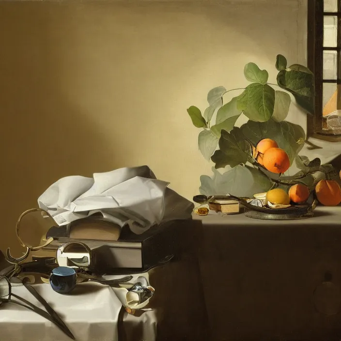 Image similar to still life painting of a personal computer and greenery by pieter claesz, oil on canvas, strong lighting, highly detailed, hyper realism, golden hour, god rays, hd, 4 k