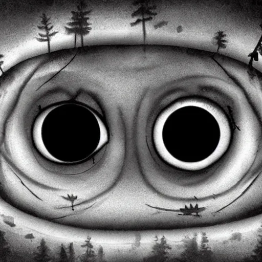 Prompt: Giant eyes staring out of the treeline at night, creepy, dark, ominous