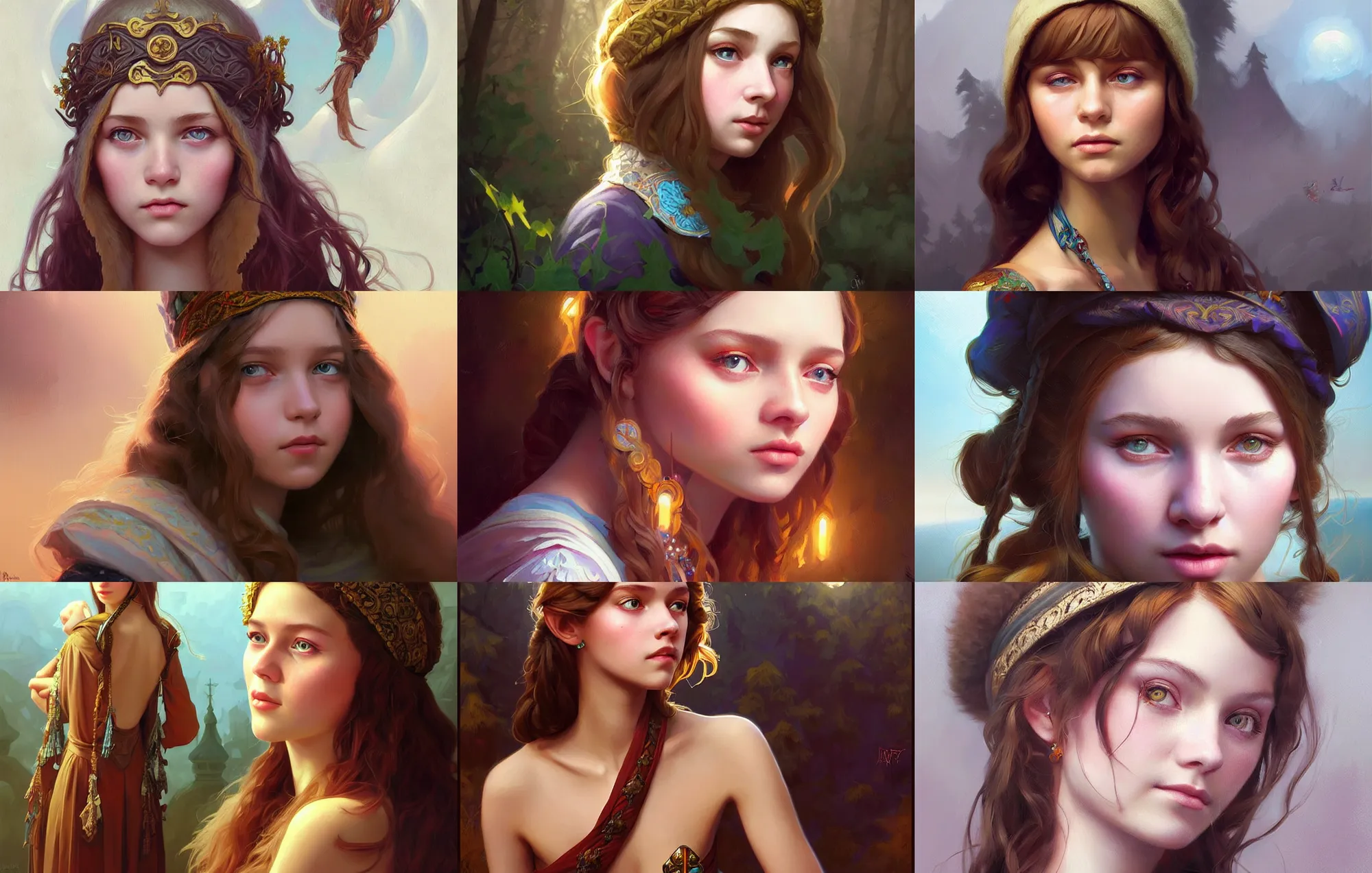 Prompt: portrait of young russian girl from 1 9 7 0 s hippie, deep focus, d & d, fantasy, intricate, elegant, highly detailed, digital painting, artstation, concept art, matte, sharp focus, illustration, hearthstone, art by rhads by artgerm and greg rutkowski and alphonse mucha