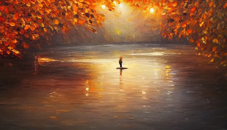 Image similar to an oil painting of a beautiful woman melting into a peaceful river at night, slightly dark, it's autumn and a gentle breeze is moving leaves around, cinematic lighting, establishing shot, art station