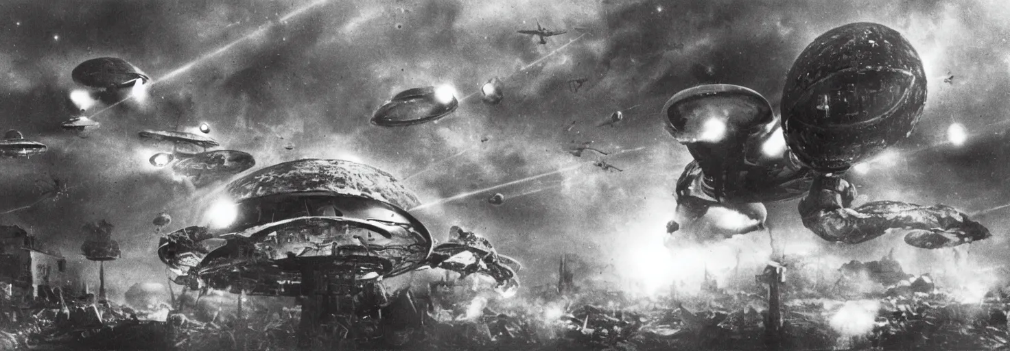 Image similar to Invasion of an alien life form in Germany, black and white photography, World War II, destruction, ufo, flying saucers, laser weapons, outerspace, technology