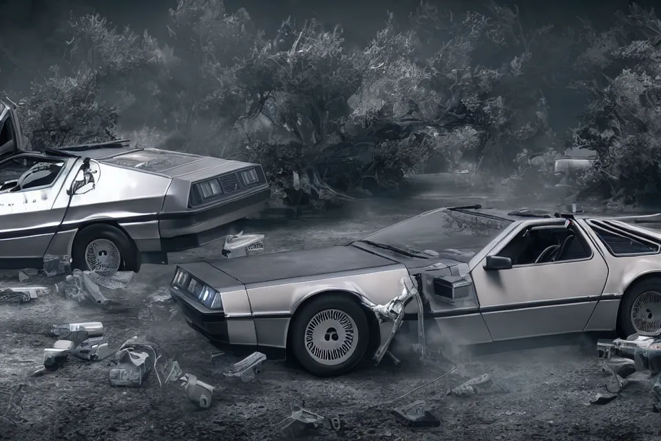Image similar to ultra realistic delorean dmc 5 drifting next to toyta trueno ae 8 6 on ancient space highway wreckage in space, dark cinematic, volumetric, realistic, 3 d render, realistic render, cinematic lighting, volumetric lighting, atmospheric, cinematic, unreal engine 5, unreal engine render, octane render, hd, photorealism, hyper realistic, 8 k