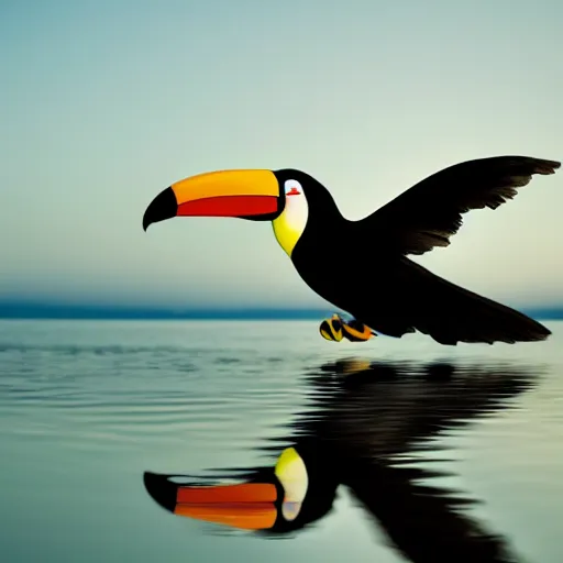 Prompt: a toucan flying on a lake, midnight, lake, reflections, dark, mystery, wavy lake, moon light