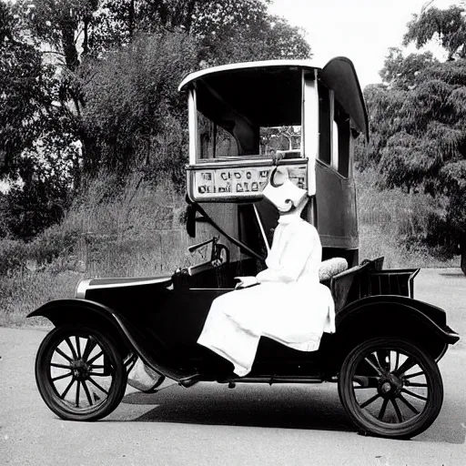 Image similar to a rabbit sitting inside a model t ford, black and white photograph