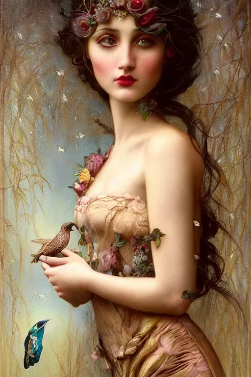 Image similar to An extremely beautiful young woman explaining the birds and the bees by Tom Bagshaw in the style of a modern Gaston Bussière, art nouveau, art deco, surrealism. Extremely lush detail. Melancholic scene. Perfect composition and lighting. Profoundly surreal. High-contrast lush surrealistic photorealism. Sultry and mischievous expression on her face.