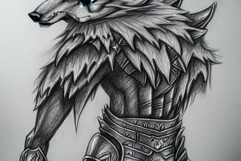 Image similar to a pencil drawing of a wolf, full body, D&D, armor, made by by Pen Tacula