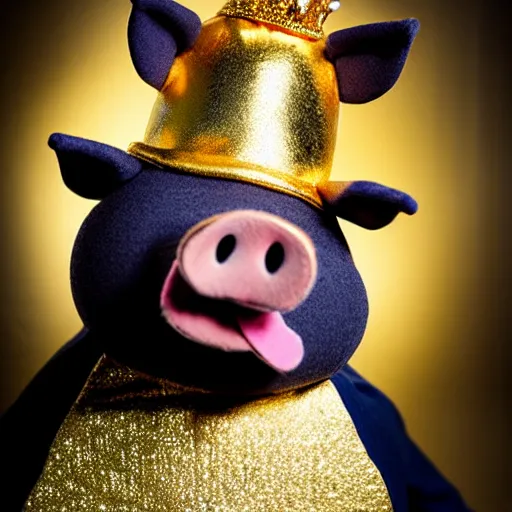 Image similar to studio photograph of a pig wearing a gold crown depicted as a muppet holding sign