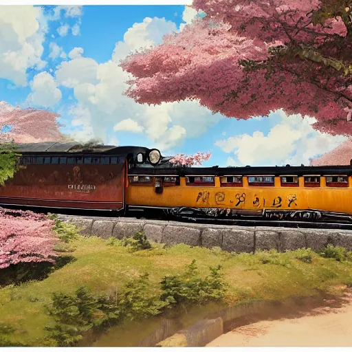 Image similar to concept art painting of a historic transverse view of a steam train, the train carries a cherry tree in flower, realistic, detailed, cel shaded, in the style of makoto shinkai and greg rutkowski and james gurney