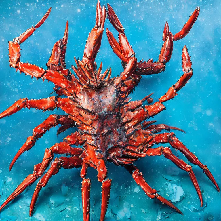 Image similar to Hyperrealistic intensely colored Studio wet collodion Photograph portrait of a deep sea Giant King Crab with large spiked claws deep underwater in darkness long exposure, award-winning nature deep sea expressionistic impasto heavy brushstrokes oil painting by Fabian Marcaccio and Matthew Barney and Audubon vivid colors hyperrealism 8k