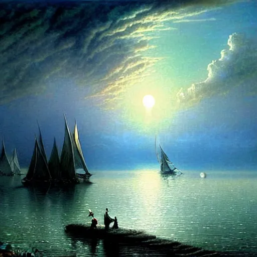 Image similar to an elegant fairy queen in a blue lace dress dancing looking out at a lord of the rings scenery landscape, staring across the sea at a white timber sail boat, sunrise, god's rays highly detailed, vivid colour, soft clouds, full moon, cinematic lighting, perfect composition, gustave dore, derek zabrocki, greg rutkowski, belsinski